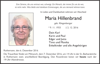 Traueranzeige von Maria Hillenbrand 
