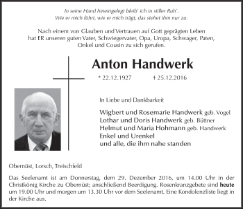 Traueranzeige von Anton Handwerk 