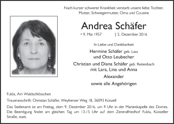 Traueranzeige von Andrea Schäfer 