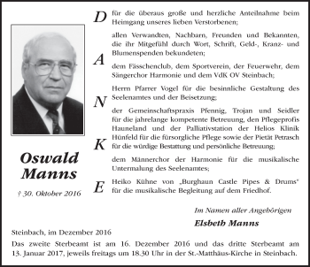 Traueranzeige von Oswald Manns 