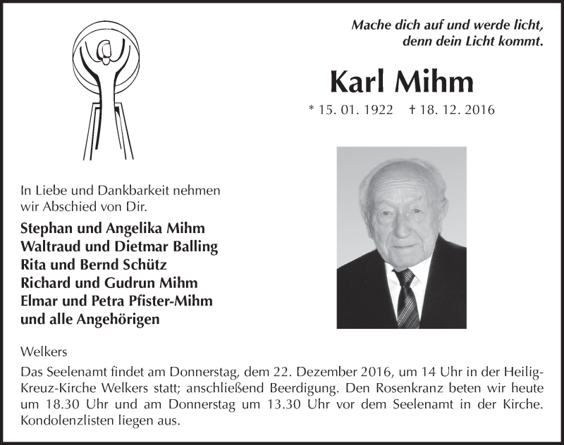  Traueranzeige für Karl Mihm vom 21.12.2016 aus 