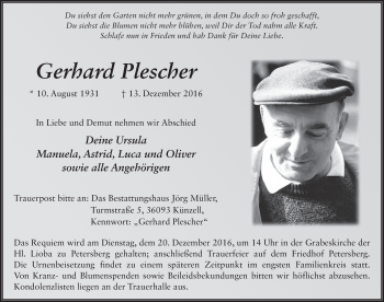 Traueranzeige von Gerhard Plescher 