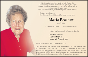 Traueranzeige von Maria Kremer 