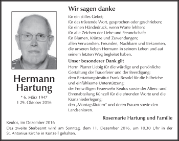 Traueranzeige von Hermann Hartung 