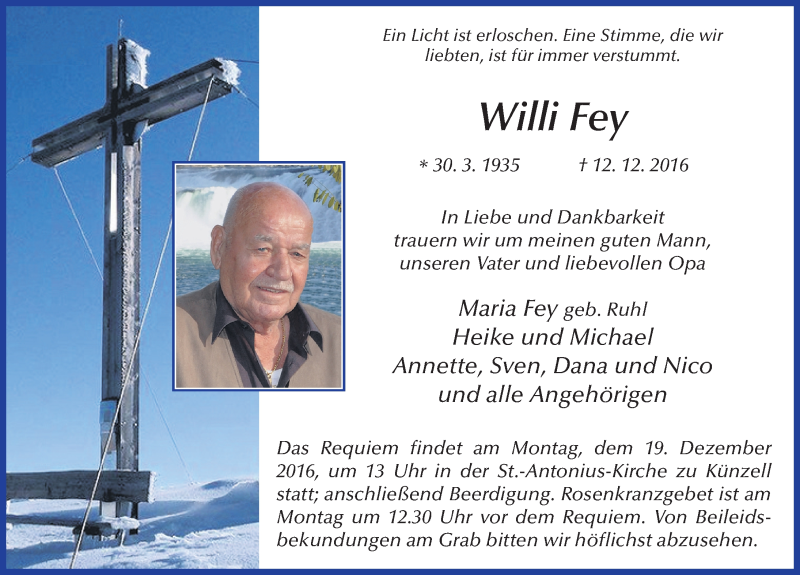  Traueranzeige für Willi Fey vom 15.12.2016 aus 