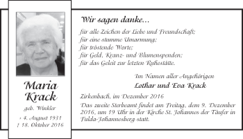 Traueranzeige von Maria Krack 