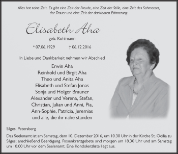 Traueranzeige von Elisabeth Aha 