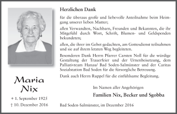 Traueranzeige von Maria Nix 