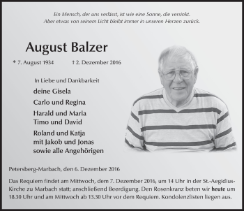 Traueranzeige von August Balzer 