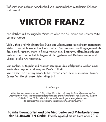 Traueranzeige von Viktor Franz 