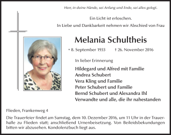 Traueranzeige von Melania Schultheis 