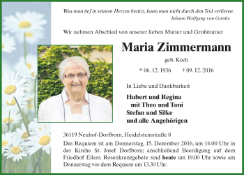 Traueranzeige von Maria Zimmermann 