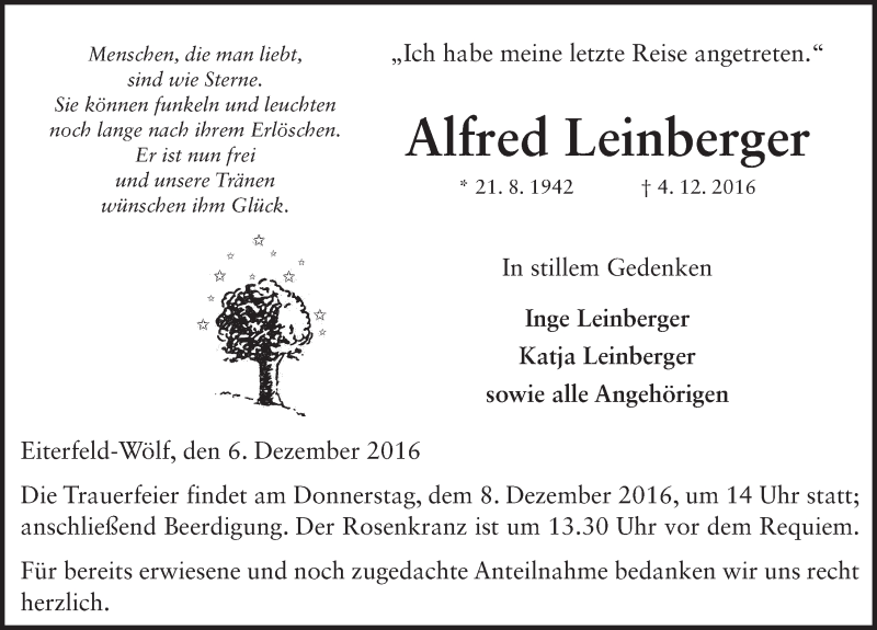  Traueranzeige für Alfred Leinberger vom 06.12.2016 aus 