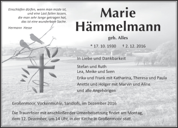 Traueranzeige von Marie Hämmelmann 