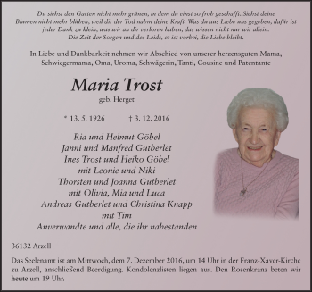 Traueranzeige von Maria Trost 