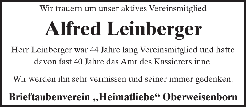  Traueranzeige für Alfred Leinberger vom 17.12.2016 aus 