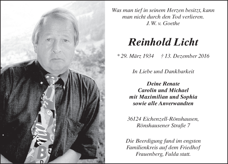  Traueranzeige für Reinhold Licht vom 24.12.2016 aus 