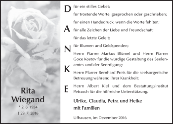 Traueranzeige von Rita Wiegand 