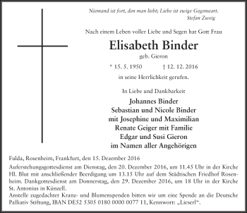 Traueranzeige von Elisabeth Binder 