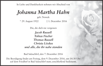 Traueranzeige von Johanna Martha Hahn 