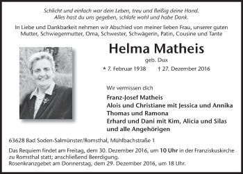 Traueranzeige von Helma Matheis 