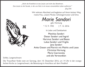Traueranzeige von Marie Sandori 