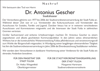 Traueranzeige von Antonius Gescher 