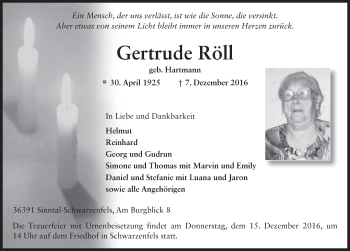 Traueranzeige von Gertrude Röll 
