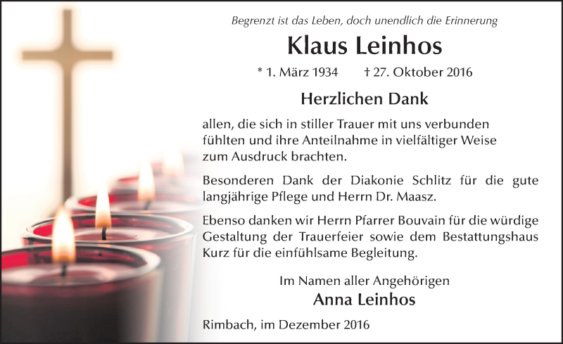  Traueranzeige für Klaus Leinhos vom 08.12.2016 aus 