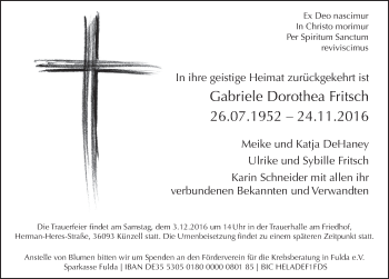 Traueranzeige von Gabriele Dorothea Fritsch 