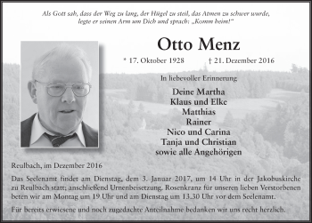 Traueranzeige von Otto Menz 