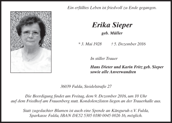 Traueranzeige von Erika Sieper 