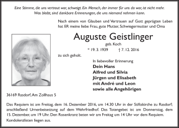 Traueranzeige von Auguste Geistlinger 