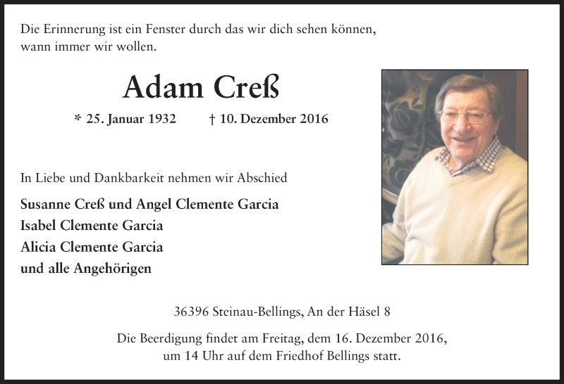  Traueranzeige für Adam Creß vom 13.12.2016 aus 