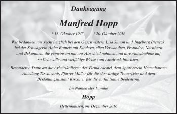 Traueranzeige von Manfred Hopp 