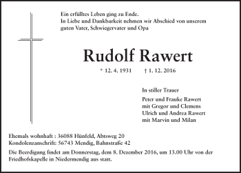Traueranzeige von Rudolf Rawert 