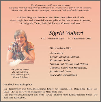 Traueranzeige von Sigrid Volkert 