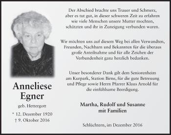 Traueranzeige von Anneliese Egner 