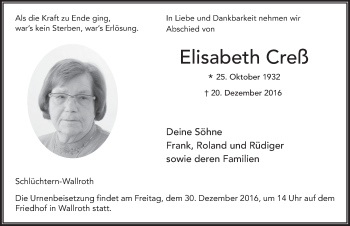 Traueranzeige von Elisabeth Cress 