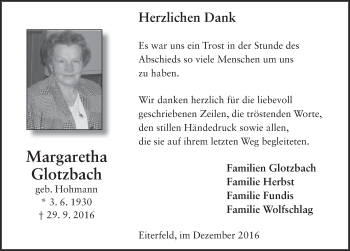 Traueranzeige von Margaretha Glotzbach 