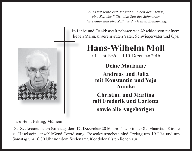  Traueranzeige für Hans-Wilhelm Moll vom 13.12.2016 aus 