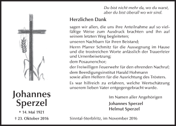 Traueranzeige von Johannes Sperzel 