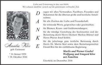 Traueranzeige von Amalia Klee 