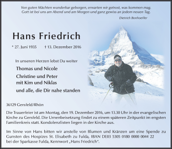 Traueranzeige von Hans Friedrich 