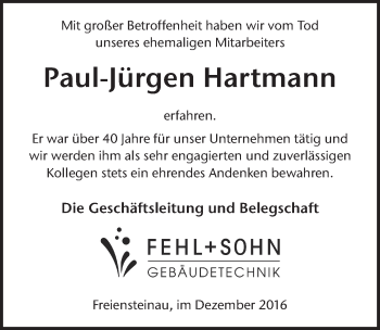Traueranzeige von Paul-Jürgen Hartmann 