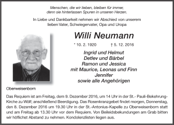Traueranzeige von Willi Neumann 