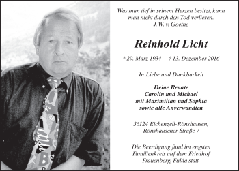 Traueranzeige von Reinhold Licht 