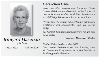 Traueranzeige von Irmgard Hasenau 