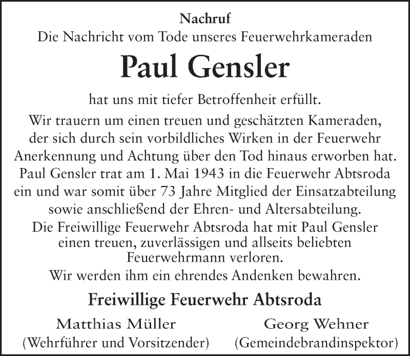  Traueranzeige für Paul Gensler vom 20.12.2016 aus 