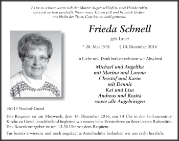 Traueranzeige von Frieda Schnell 